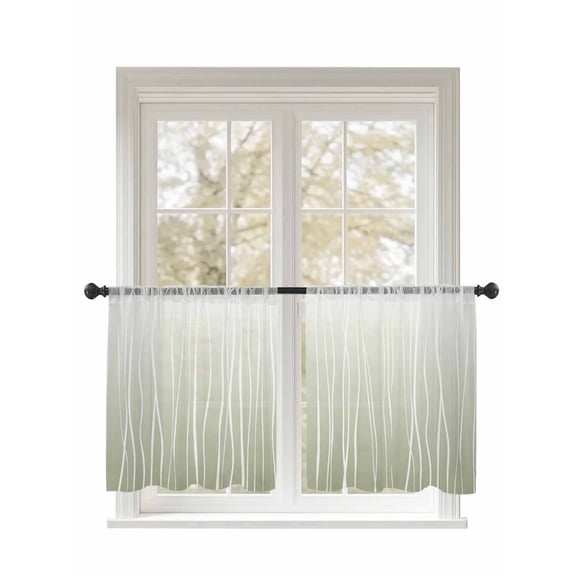 Sage Green Wave Lines Sheer Curtains 45 Inch Long 2 Panels, Gradient Minimalist Abstract Texture Light Filtering Rod Pocket Semi Sheer Curtains, Sheer Voile Drapes for Living Room Bedroom, 52"x45"