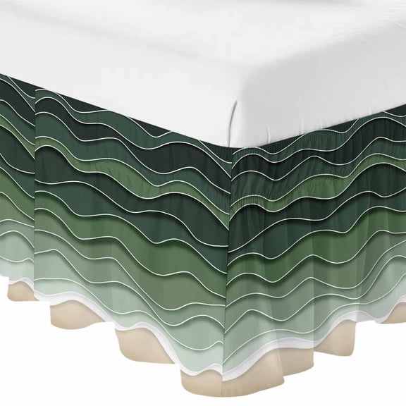 Sage Green Waves Bed Skirt Queen Size 16 Inch Drop, Adjustable & Elastic Wrap Around Bed Skirts Pleated Luxury Dust Ruffles For Twin Full Queen Cal King Base Beds, Rustic Abstract Ombre Stripes Art