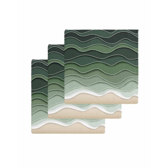 Sage Green Waves Kitchen Dish Towels for Drying Dishes Set of 3, Rustic Abstract Ombre Stripes Art Waffle Weave Microfiber Terry Hand Tea Bathroom Towels Quick Dry & Absorbent Towel 12x12