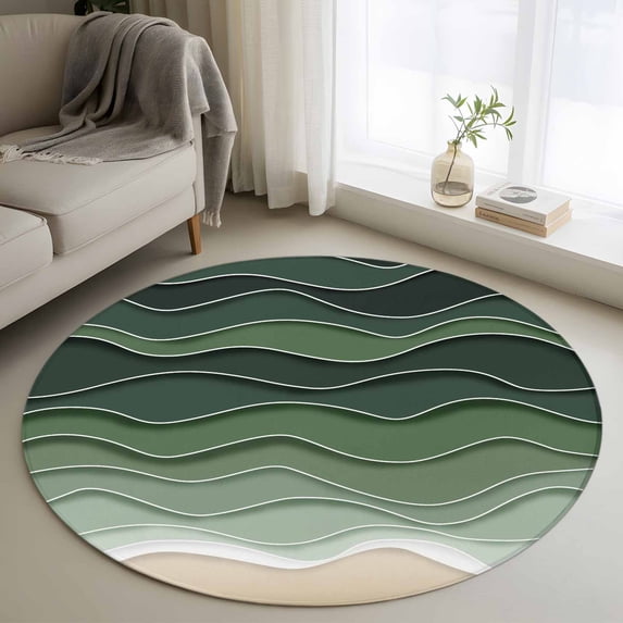 Sage Green Waves Round Area Rug 4 FT, Non Slip Indoor Outdoor Rug, Rustic Abstract Ombre Stripes Art Washable Soft Circular Carpet Non-Shedding Floor Mat for Coffee Table Nursery Foyer Balcony
