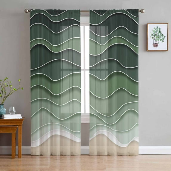 Sage Green Waves Sheer Curtains 108 Inch Length 2 Panels Set for Living Room/Bedroom, Rustic Abstract Ombre Stripes Art Curtain Sheers Drapes Rod Pocket Curtains Window Treatment Set 52''x108''x2
