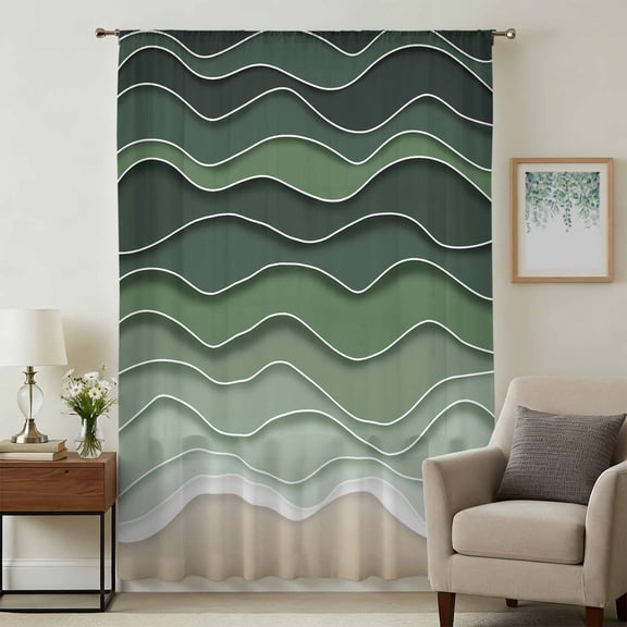 Sage Green Waves Sheer Curtains 45 Inches Long, Rustic Abstract Ombre Stripes Art Light Filering Curtains, Breathable Simi Curtain Privacy Drapes for Kitchen Bathroom Small Window Treatment