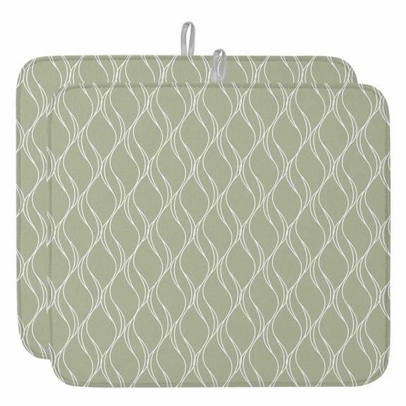 Sage Green Waves Striped Dish Drying Mat, Abstract White Geometric Lines Absorbent Dish Drying Matt Pad for Kitchen Countertops,Sinks,Dish Drainer Racks, Small 16x18inx2 Pcs,
