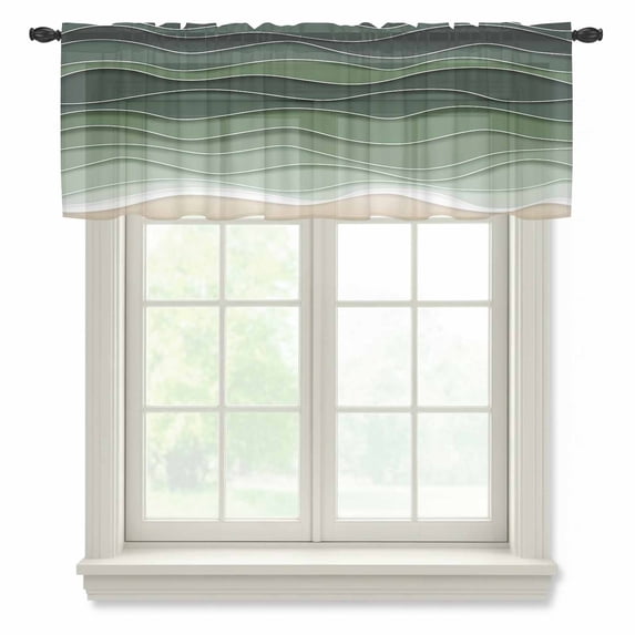 Sage Green Waves Valance Curtains for Kitchen/Living Room/Bathroom/Bedroom Window, Rod Pocket Small Topper Half Short Window Curtains Voile Sheer Scarf, Rustic Abstract Ombre Stripes Art 42"x18"