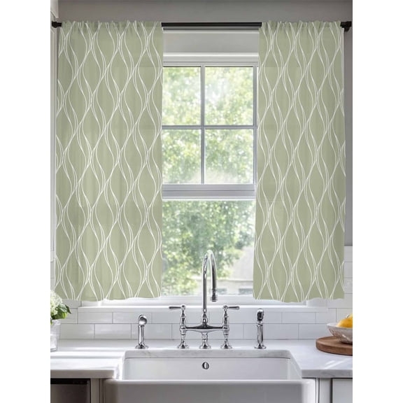 Sage Green Waves Watercolor Chiffon Sheer Curtains 63 Inches Long, Abstract Geometric Stripes 2 Rod Pocket Window Treatment Voile Drapes Curtains for Living Room Bedroom,2 Panels, 52x63In