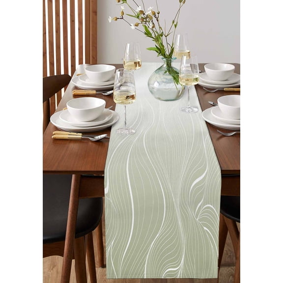 Sage Green Wavy Gradient Stripes Table Runner 13x72in Non-Slip Cotton Linen Table Runners, Geometric Abstract Art Dresser Scarves TableRunner for Dinner Kitchen Dining Wedding Party