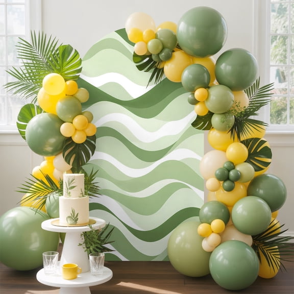 Sage Green Wavy Lines Arch Backdrop Cover, 5FT, Modern Minimalist Abstract Green Swirls Spandex Arch Covers Double-Sided Backdrop for Wedding Birthday Party Photo Background Decoration