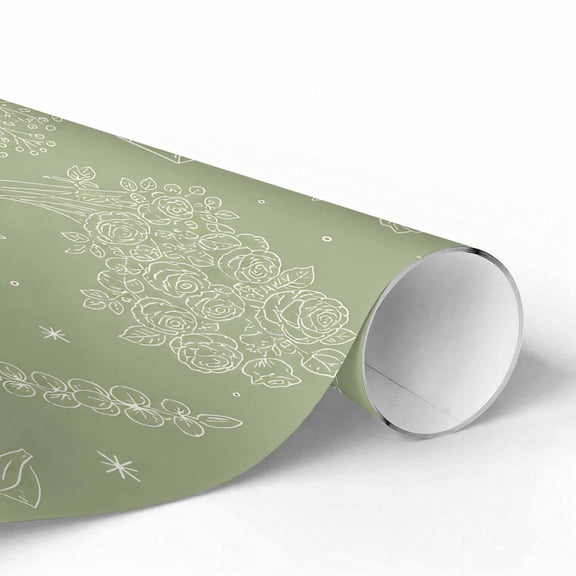 Sage Green Wedding Wrapping Paper Roll - Elegant Gift Wrap With Rings Floral Cake Champagne and Love Elements Design for Wedding Bridal Shower