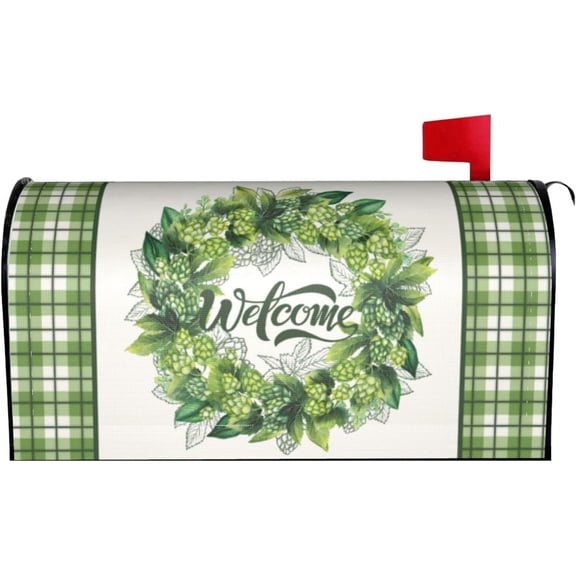 Sage Green Welcome Wreath Mailbox Covers Magnetic Standard Size 18" X 21"Spring Decor Mailbox Cover Green Buffalo Check Plaid Mailbox Covers Magnetic Decoration for Garden Yard