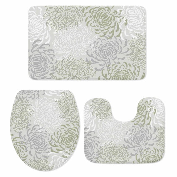 Sage Green White Bath Mat 3 Piece Bathroom Rug Set, Abstract Grey Chrysanthemum Flower Non Slip Bath Rug Contour Mat and Toilet Lid Cover, Absorbent Shower Mats Soft Bath Rugs and Mats Sets