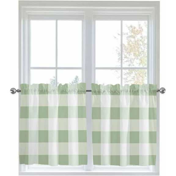 Sage Green White Buffalo Check Half Window Curtains 24 Inches Long, Farmhouse Plaid Window Treatment Curtain Drapes, Modern Geometric Short Window Tiers for Laundry Room Over Sink, 27.5"x24", 2 Panels