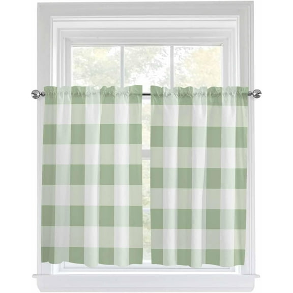 Sage Green White Buffalo Check Kitchen Curtains 54 Inches Length, Farmhouse Plaid Window Treatment Curtain Drapes, Modern Geometric Thermal Insulated Drapes for Basement Hotel RV, 42"x54", 2 Panels
