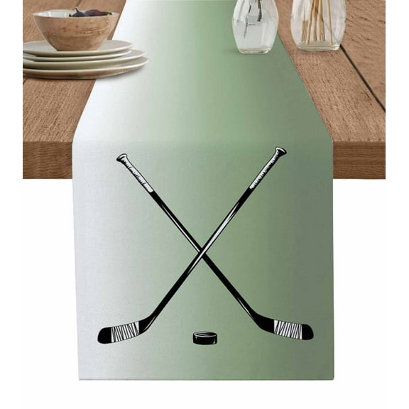 Sage Green White Burlap Cotton Table Runner 13x36 Inches Short, Modern Ombre Sports Game Ice Hockey Farmhouse Table Runners, Outdoor Dining Tablecloths Decor for Baby Shower/Party/Wedding