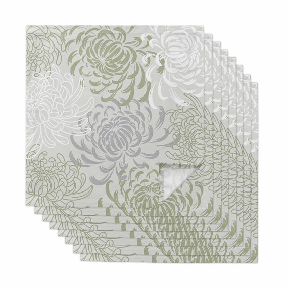 Sage Green White Cloth Napkins, Abstract Grey Chrysanthemum Flower Washable and Reusable Dinner Napkins Set of 8, Table Napkin for Kitchen Party Birthday Wedding Hotel Housewarming 20"x20"