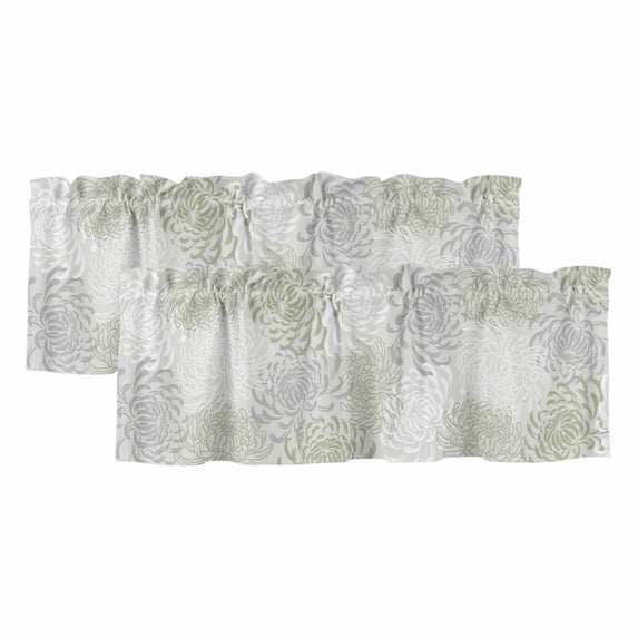 Sage Green White Curtain Valances for Windows, Kitchen Valance Window Treatments Panel 2 Pack, Abstract Grey Chrysanthemum Flower Rod Pocket Short Curtains for Bathroom Bedroom 60 x 18 Inch
