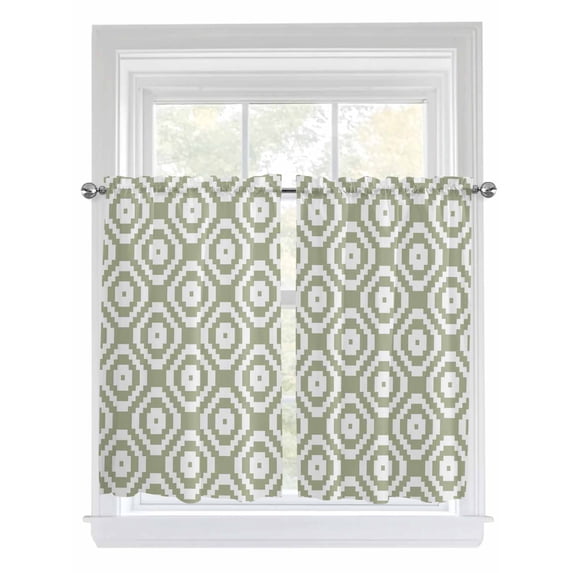 Sage Green White Geometric 2 Panel Kitchen Curtains for Windows, Modern Abstract Art Bathroom Privacy Curtain, Home Décor Window Treatment for Bedroom/Living Room 55"x45"