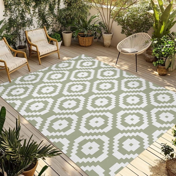 Sage Green White Geometric Outdoor Rug for Patio/Deck/Porch, Non-Slip Large Area Rug 3 x 5 Ft, Modern Abstract Art Indoor Outdoor Rugs Washable Area Rugs, Reversible Camping Rug Carpet Runner