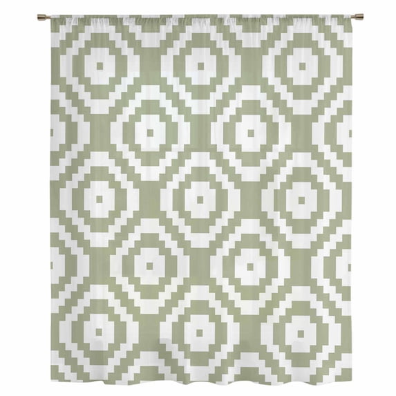 Sage Green White Geometric Sheer Curtains 54 Inches Long, Modern Abstract Art Light Filering Curtains, Breathable Simi Curtain Privacy Drapes for Kitchen Bathroom Lightweight Small Window Treatment