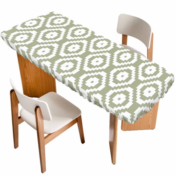 Sage Green White Geometric Table Cloths for 8 Foot Rectangle Tables, Modern Abstract Art Patio Waterproof Elastic Fitted Tablecloths, Washable Rectangular Table Cover for Camping
