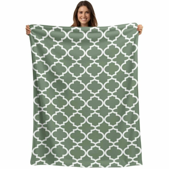 Sage Green White Geometric Throw Blankets, Minimalist Morocco Pattern Soft Fleece Blanket Decorative for Home Sofa Couch Chair Living Bedroom, 30x40 Inches,
