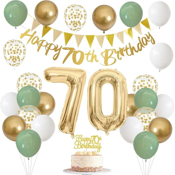 Sage Green White Gold 70th Birthday Party Decorations Kit,Happy 70th Banner Triangle Flags Garlands Number 70 Balloons Cake Toppers for 70 Year Old Anniversary Party Backdrops Supplies