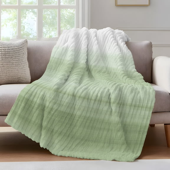 Sage Green White Gradient Throw Blanket for Couch Abstract Ombre Texture Modern Art Soft and Warm Flannel 3D Striped Fluffy Fuzzy Fleece Blanket Lightweight Throw for Bed, Sofa 50 x 80 Inches