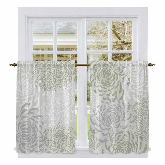 Sage Green White Kitchen Curtains, Abstract Grey Chrysanthemum Flower Light Filtering Window Curtain Panels, 2Pcs Rod Pocket Window Treatments Set for RV Dining Room Study Room 42x54 Inches