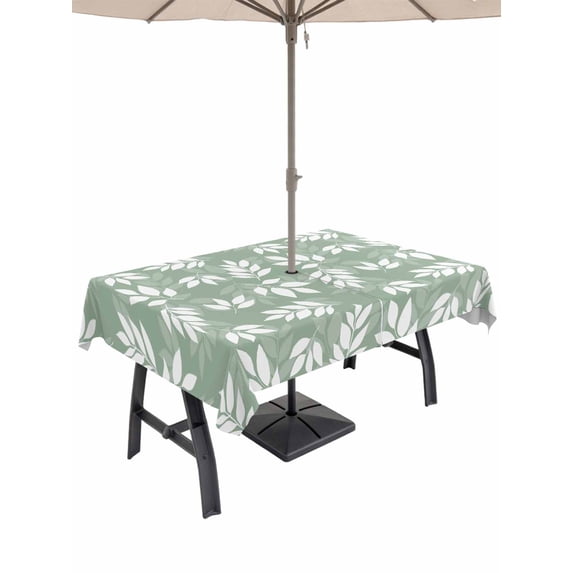 Sage Green White Leaves Outdoor Tablecloth with Umbrella Hole, Spring Pastoral Rustic Botanical Waterproof Outdoor Table Cover, Patio Tablecloths for Party Picnic Camping, Rectangle 60"x102"