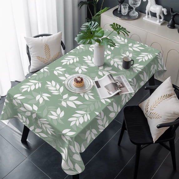 Sage Green White Leaves Table Cloth Waterproof Tablecloths, Spring Pastoral Rustic Botanical Tablecloth Dining Table Cover for Kitchen Party Tabletop Outdoor, Rectangle Tablecloth 54x108 Inch