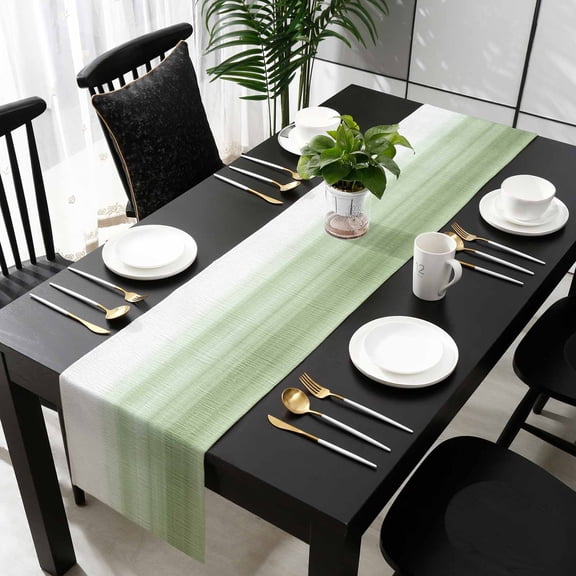 Sage Green White Ombre Cotton Linen Table Runner 13 x 70 inch Country Modern Stripes Lines Non-slip Rectangular Dining Table Decor for Wedding Party Holiday Dinner