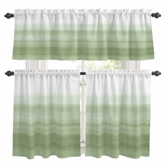 Sage Green White Ombre Kitchen Curtains Sets for Windows 36 Inch Length, Country Modern Stripes Lines Rod Pocket Window Treatments Tier Curtains and Valances Set for Bedroom/Bathroom