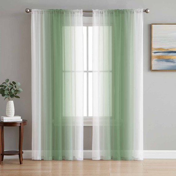 Sage Green White Ombre Semi Sheer Window Curtains 96 Inches Long, Modern Abstract Art Farmhouse Gradient Rod Pocket Voile Chiffon Curtain Light Filtering Drapes for Living Room, 52"x96", 2 Panels