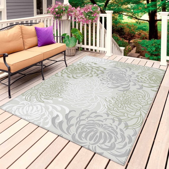 Sage Green White Outdoor Rug for Patio/Deck/Porch, Non-Slip Large Area Rug 5 x 7 Ft, Abstract Grey Chrysanthemum Flower Indoor Outdoor Rugs Washable Area Rugs, Reversible Camping Rug Carpet Runner