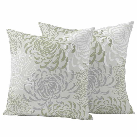 Sage Green White Outdoor Waterproof Pillow Covers, Abstract Grey Chrysanthemum Flower Decorative Square Throw Pillowcase Sofa Cushion Sham for Patio/Couch/Chair, 20"x20" 2 Pack