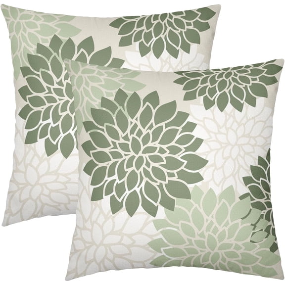 Sage Green White Pillow Covers 18x18 Inch Set of 2 Dahlia Floral Decorative Throw Pillows For Couch Geometry Flowers Modern Pillow Cases Home Decor For Sofa Couch Porch Patio Living Room Outdoor