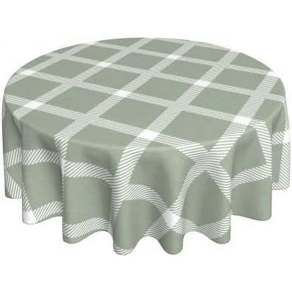 Sage Green and White Plaid Farm Waterproof Picnic Patio Party Round Table Cloth Cover Decorations Fabric 60 Inch Circular Tablecloth for 20-47 Inch Home Dining Room Kitchen Decor