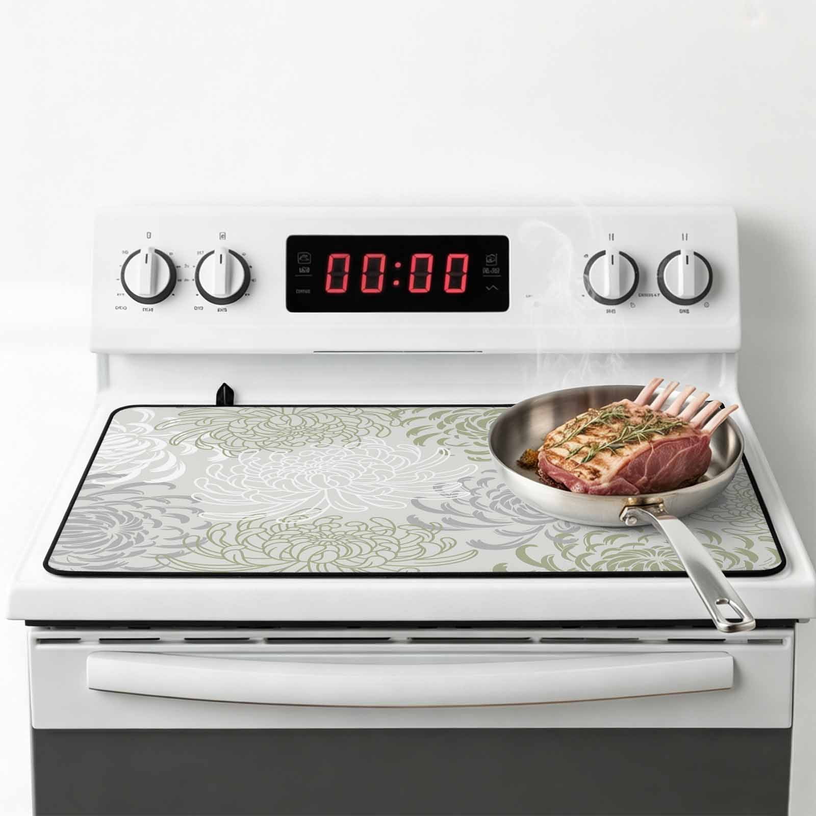 Sage Green White Stove Top Cover for Electric Stove, Heat-proof & Non Slip Glass Top Stove Cover Protector, Abstract Grey Chrysanthemum Flower Kitchen Flat Cooktop Rubber Mat 28.5x20.5 Inches