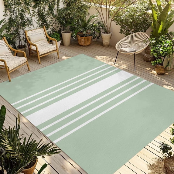 Sage Green White Stripe Outdoor Rug 6x9 Ft - Reversible Patio Rug Outdoor Camping Rugs, Modern Rustic Vertical Striped Washable Indoor Outdoor Area Rugs, Non-Slip Outdoor Carpet Runner for Deck/Porch