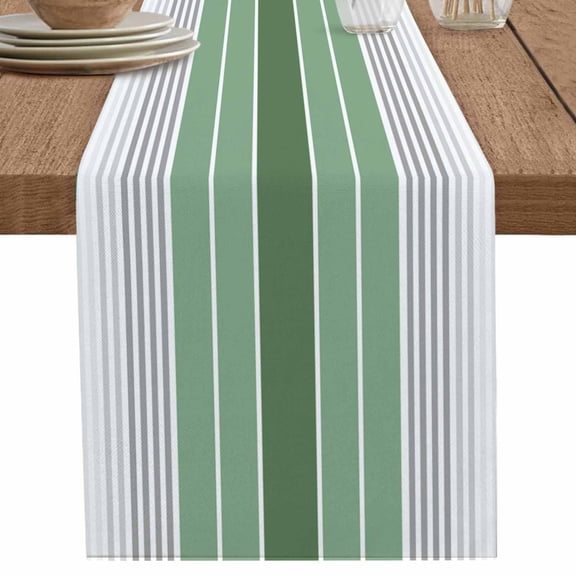 Sage Green White Stripe Table Runner-70 Inch Long Abstract Gradient Striped Table Runners Linen Burlap Tablerunner for Kitchen Dining Room Holiday Party