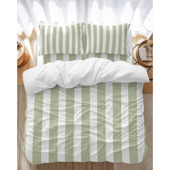 Sage Green White Striped Bedding Duvet Cover Set King Size 4 Pieces Gradient Geometric Bedding Set with Zipper Closure, 1 Comforter Cover 92x106 Inches 1 Flat Sheet & 2 Pillow Cases