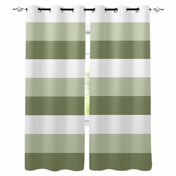Sage Green White Striped Blackout Curtains for Bedroom/Living Room, Thermal Insulated Kitchen Curtains, Farmhouse Stripes Grommet Darkening Window Treatment Drapes 52"x84"x2