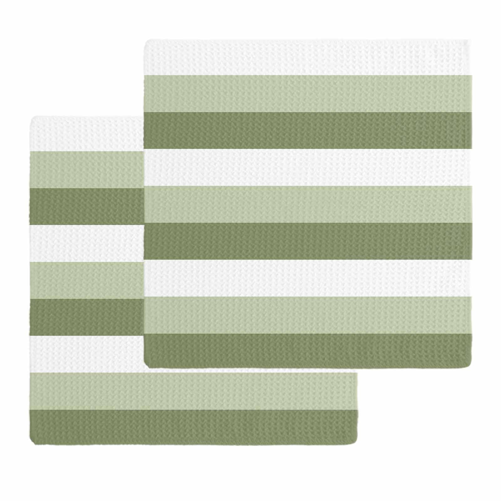 Sage Green White Striped Dish Towels Set, Waffle Weave Kitchen Towels 2 Pieces, Farmhouse Stripes Microfiber Hair Face Bath Tea Towel Absorbent Quick Drying Cleaning Dish Cloths, 12"x12"
