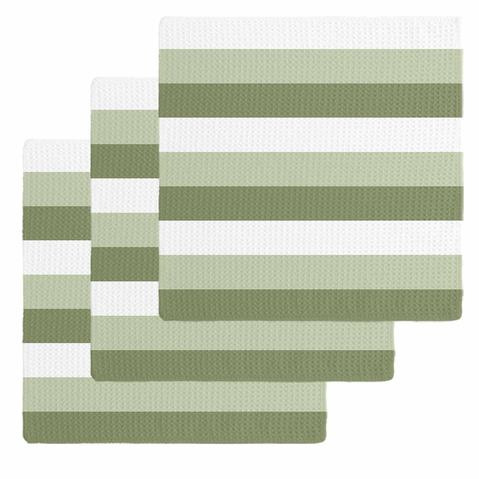 Sage Green White Striped Dish Towels Set, Waffle Weave Kitchen Towels 3 Pieces, Farmhouse Stripes Microfiber Hair Face Bath Tea Towel Absorbent Quick Drying Cleaning Dish Cloths, 12"x12"