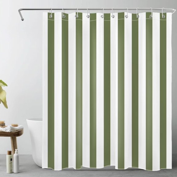 Sage Green and White Striped Fabric Shower Curtain for Bathroom with 10 Hooks, Vertical Stripe Shower Curtains for Bathroom, Modern Farmhouse Geometric Bathroom Shower Curtains, 84x72 Inch