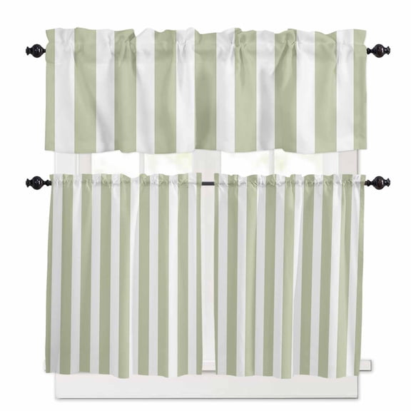 Sage Green White Striped Kitchen Curtains Valances and Tiers Set of 3, Geometric 24 Inch Length Tier Curtains and Valance Rod Pocket Valance Curtains Set for Kitchen Bathroom Small Windows