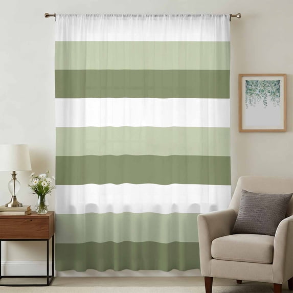 Sage Green White Striped Sheer Curtains 54 Inches Long, Farmhouse Stripes Light Filering Curtains, Breathable Simi Curtain Privacy Drapes for Kitchen Bathroom Nursery Small Window Treatment