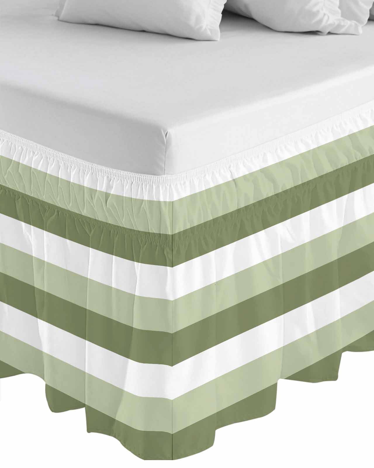 Sage Green White Striped Wrap Around Bed Skirts for California King Bed 18" Drop,Bed Skirt with Adjustable Elastic Belt Dust Ruffle Bed Valance for Bedroom Hotel Farmhouse Stripes Bed Frame Cover