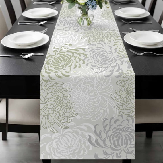 Sage Green White Table Runner 90 Inches Long, Abstract Grey Chrysanthemum Flower Kitchen Coffee Dining Table Decoration for Home Party Birthday Wedding Home Decor 13x90 Inches