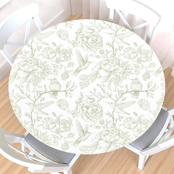 Sage Green White Toile French Round Fitted Tablecloth with Elastic Edge,Waterproof Vintage Pastoral Spring Floral Bird Rustic Table Cover for 40-44" Stretch Table Cloth for Dinner Indoor Outdoor