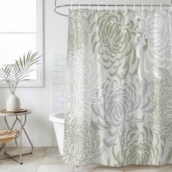 Sage Green White Waterproof Fabric Shower Curtain,Abstract Grey Chrysanthemum Flower Waterproof Fabric Shower Curtain for Bathroom Curtains Bathtubs Hotel Shower Curtains with 12 Hooks Small 36x72in